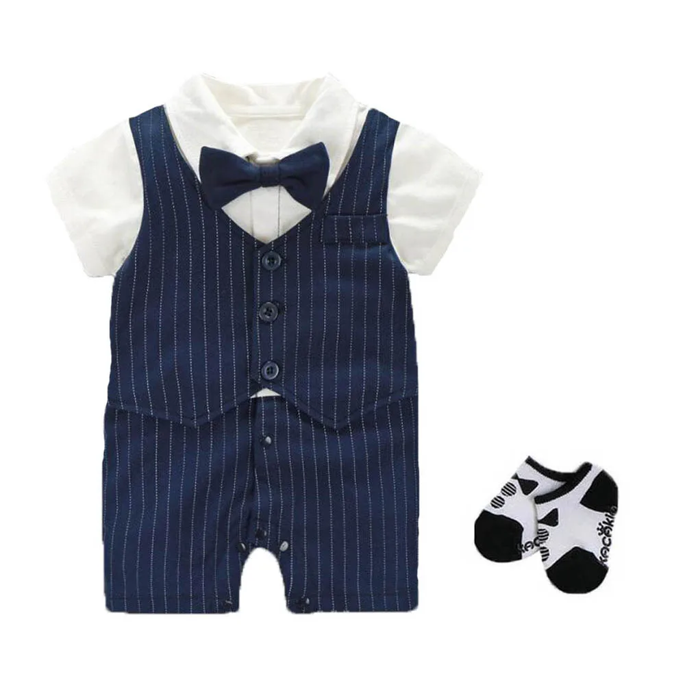 2 pcs summer-- blue Костюм-смокинг для свадебной вечеринки для новорожденных мальчиков, костюм для малышей 0-18 месяцев: боди+ шапка+ носки+ обувь, комплект одежды, подарок для маленького джентльмена - Цвет: 2 pcs summer-- blue