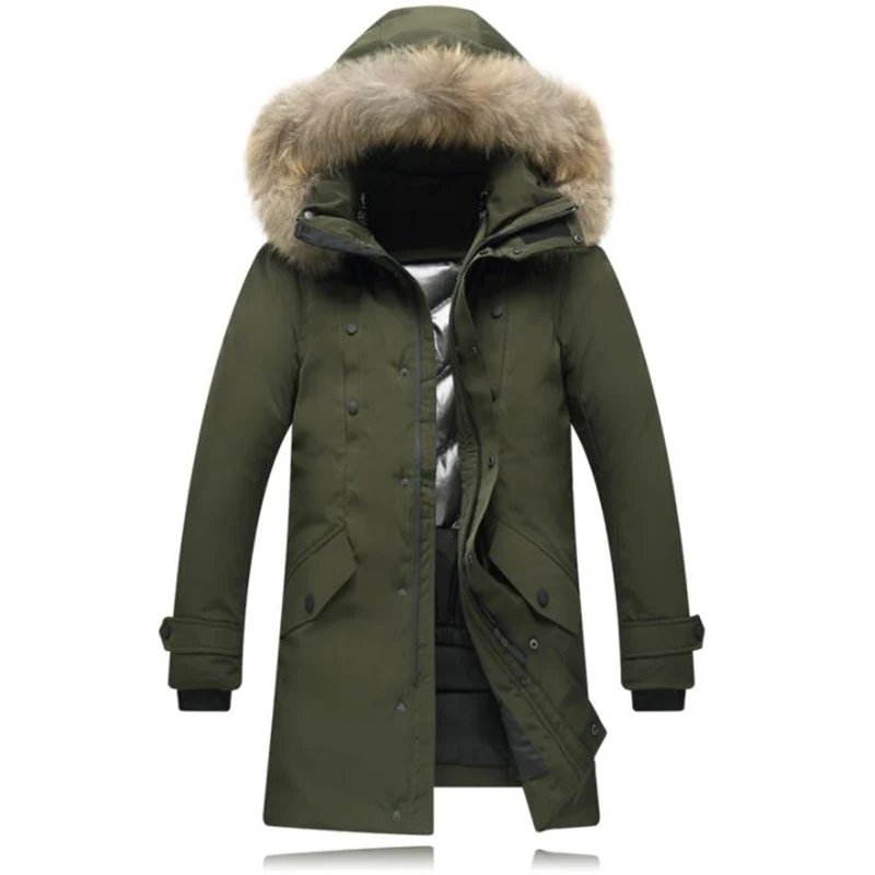 Мужской пуховик с капюшоном и воротником из натурального меха теплая парка на