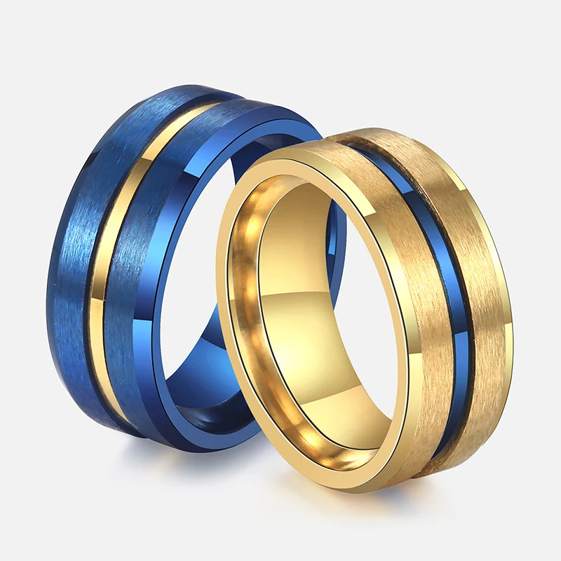 Матовое кольцо для мужчин золотистое синее из нержавеющей стали обручальное