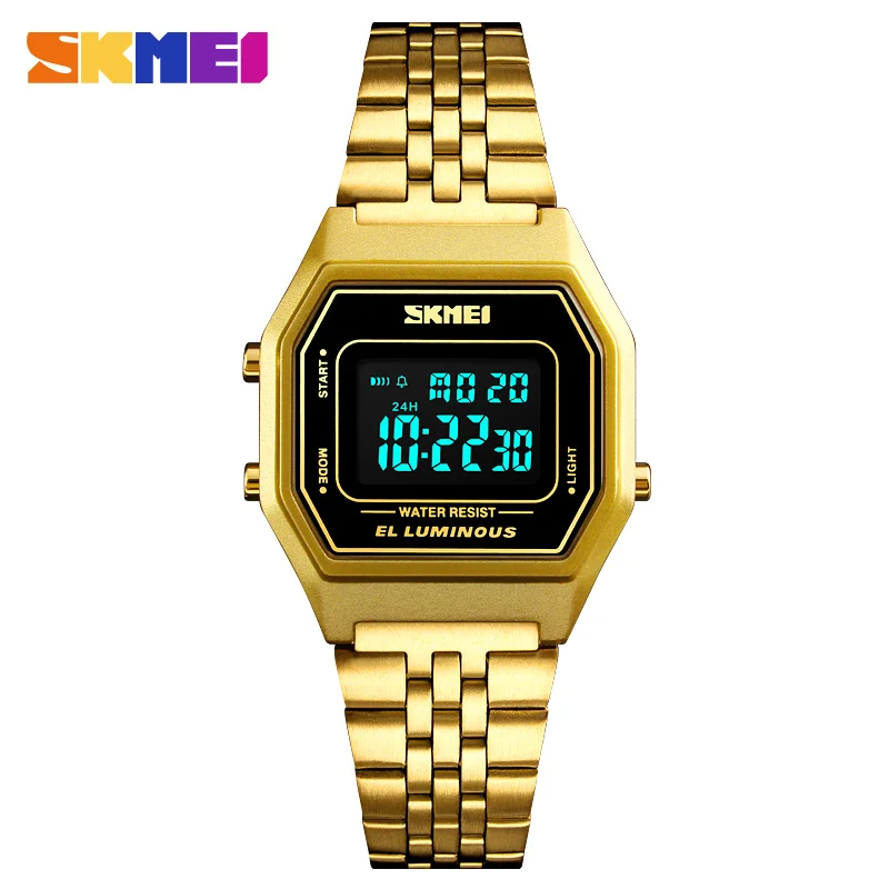 SKMEI мужские роскошные золотые квадратные часы из нержавеющей стали цифровые