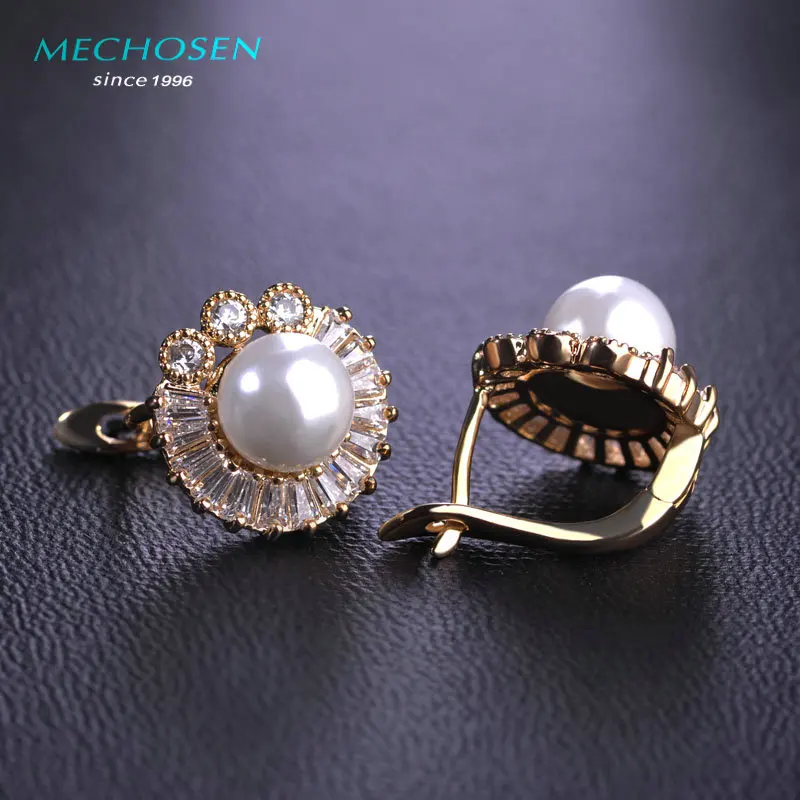 Женские серьги пусеты MECHOSEN элегантные золотого цвета с искусственным жемчугом и