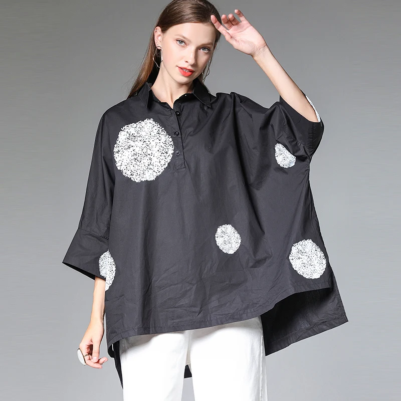 Модная хлопковая свободная длинная рубашка с рукавом летучая мышь в горошек