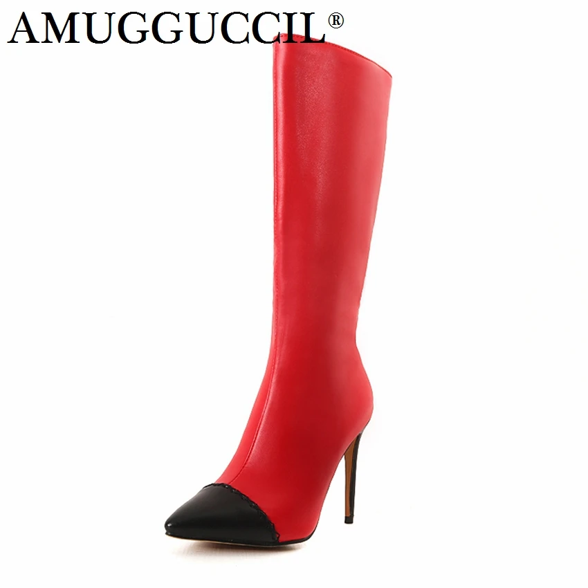 

Большие размеры 32-46; цвет белый, красный, хаки; модные женские сапоги до середины голени на молнии на высоком каблуке для девушек и женщин; се...