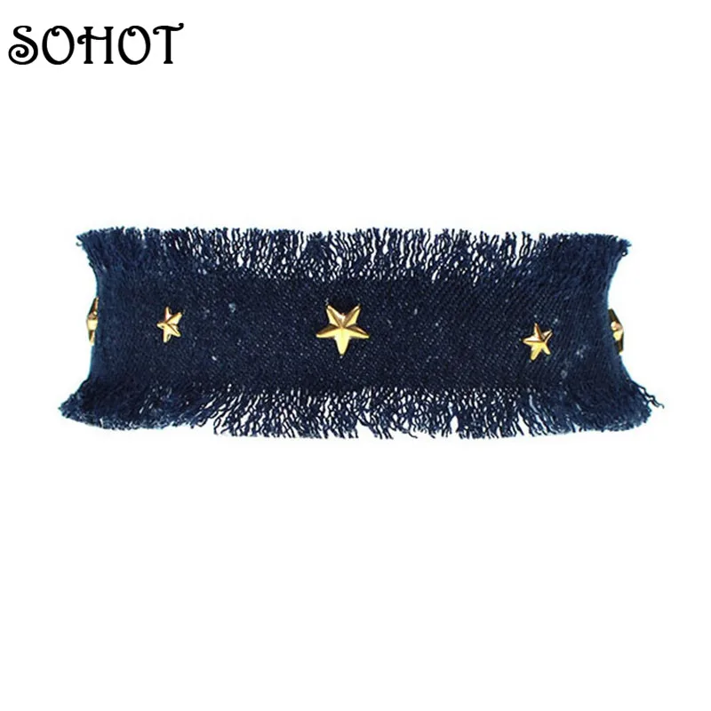 Женское колье в стиле панк SOHOT ожерелье из голубой джинсовой ткани со звездами