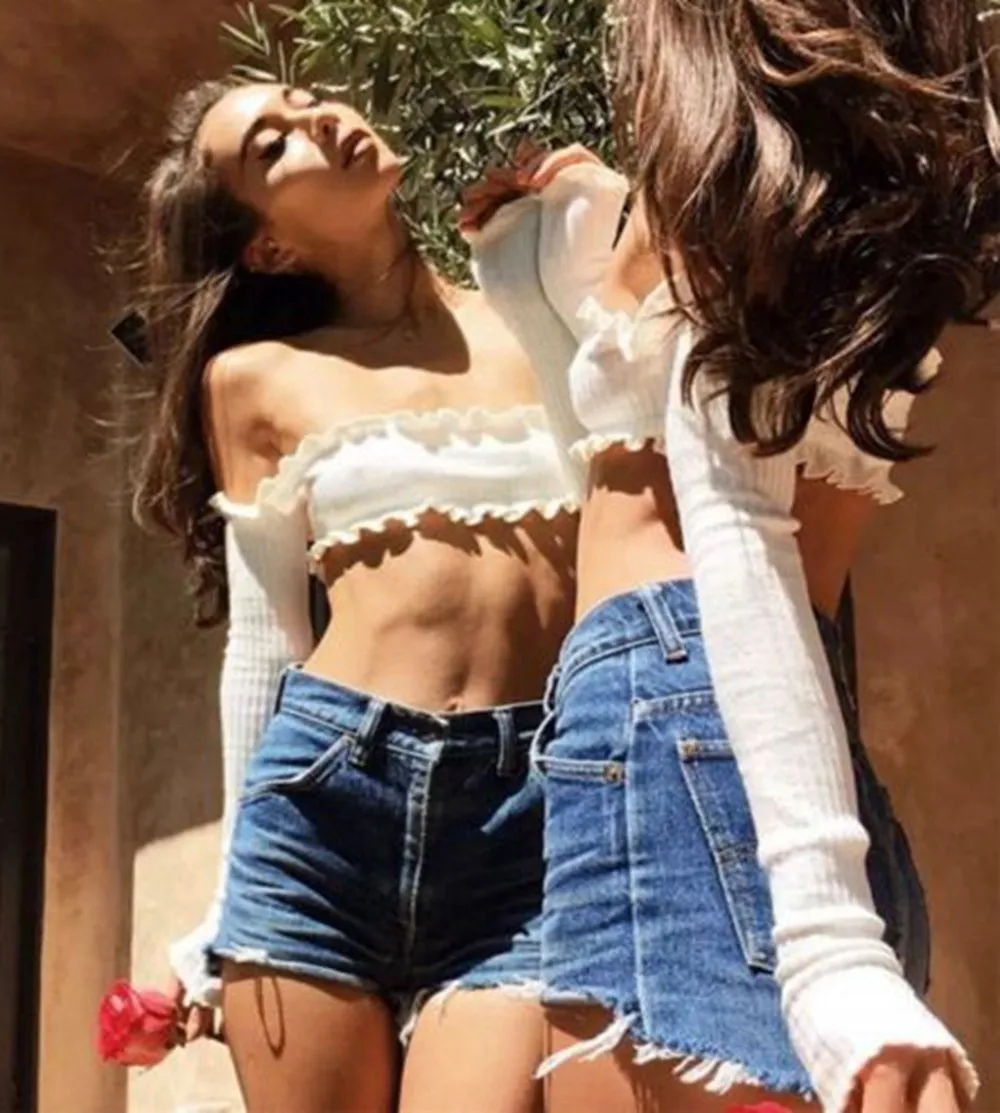 Сексуальный женский топ с открытыми плечами оборками длинным рукавом короткий