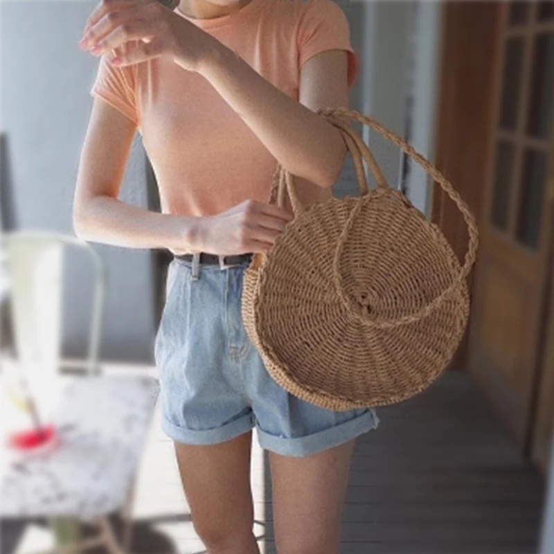 Женская пляжная сумка-тоут цвета хаки круглая плетеная винтажная соломенная