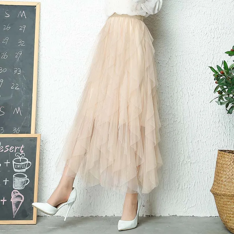 

YNZZU Korean Style 2019 Spring Mesh Irregular Skirt Solid Sweet High Elastic Waist Long Skirts Women Saia Jupe Femme Skirt YB302
