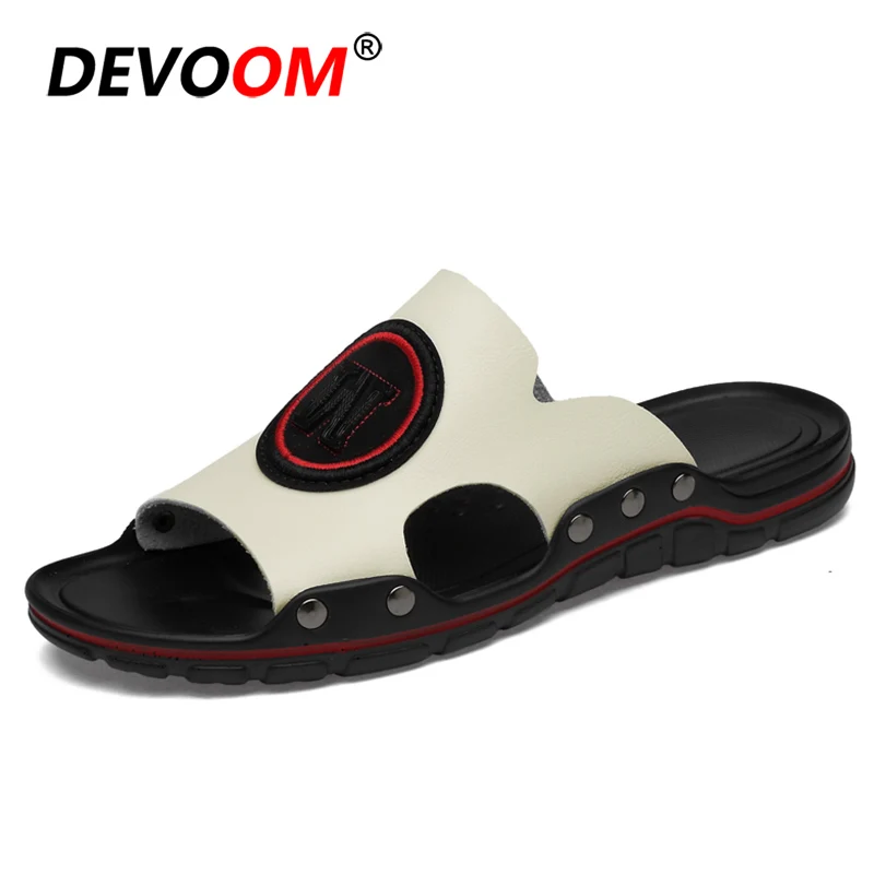 Мужские шлепанцы для дома и пляжа черные кожаные сандалии большие размеры лето