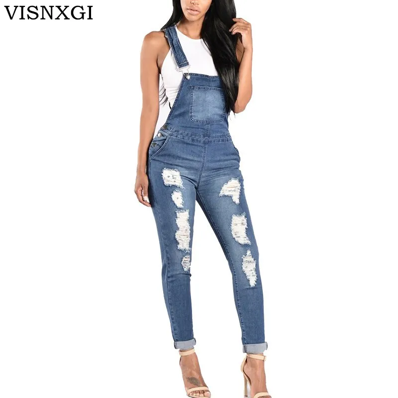 

VISNXGI Women Denim Jumpsuit Ladies Hollow Out Jeans Rompers Female Casual Plus Size Hole Denim Overall Playsuit With Pocket