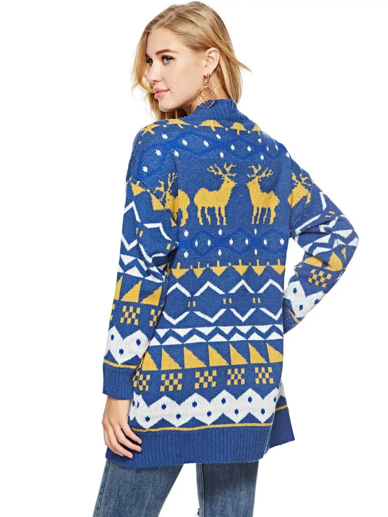 2018 Winter Runway Christmas Knitted Cardigans Coat Women Long Sleeve Poncho Wool Sweater Cartoon Print Fawn Graffiti Cardigan |