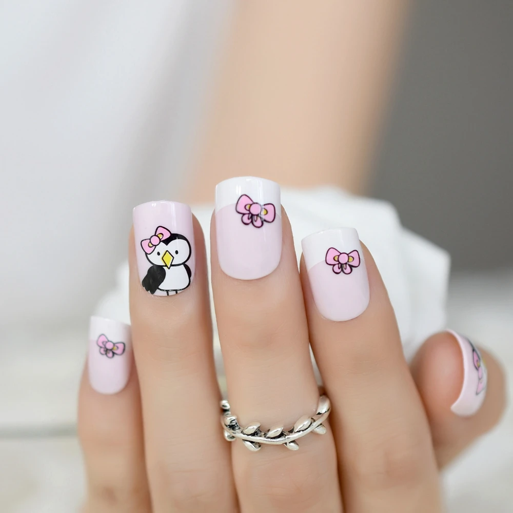24 шт. милый светильник пингвина розовый французский дизайн ногтей бант средний