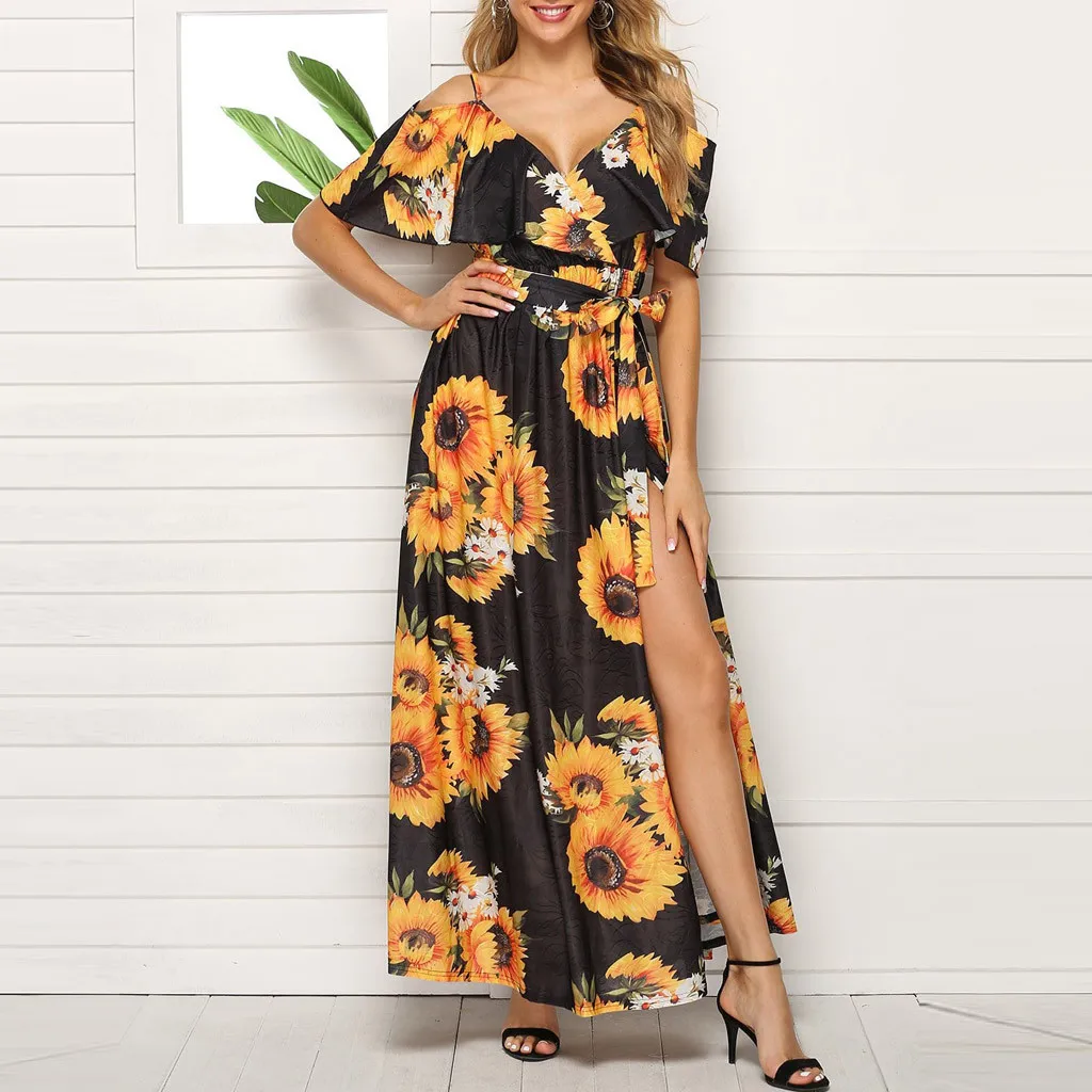 Женское платье с принтом подсолнуха сексуальное вечернее коротким рукавом и