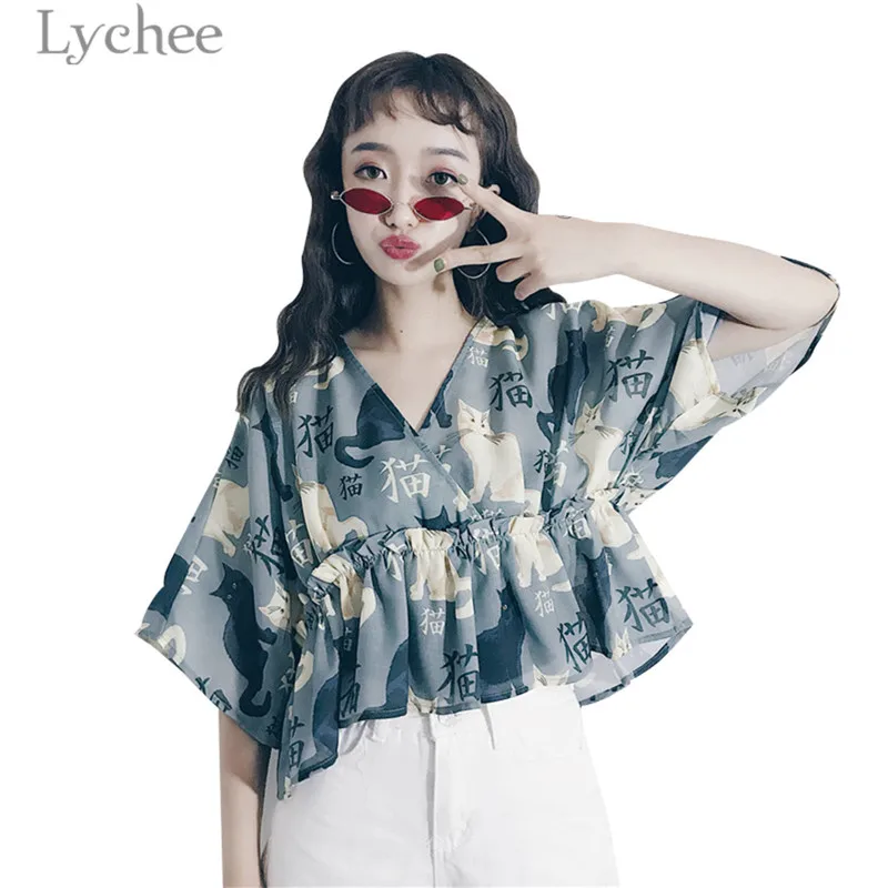

Lychee кошки Харадзюку блузка сложного кроя с принтом короткий рукав футболки с v-образным вырезом Повседневное Свободная блузка Топы для женщ...