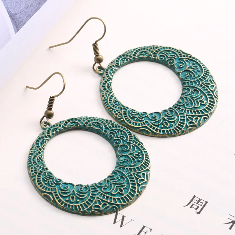 Античные зеленые Ретро Винтажные этнические модные круглые полые Длинные серьги