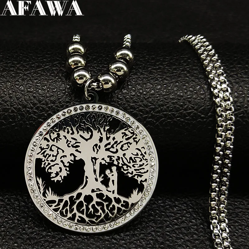 Ожерелье цепочка из нержавеющей стали с кристаллами и деревом жизни для женщин