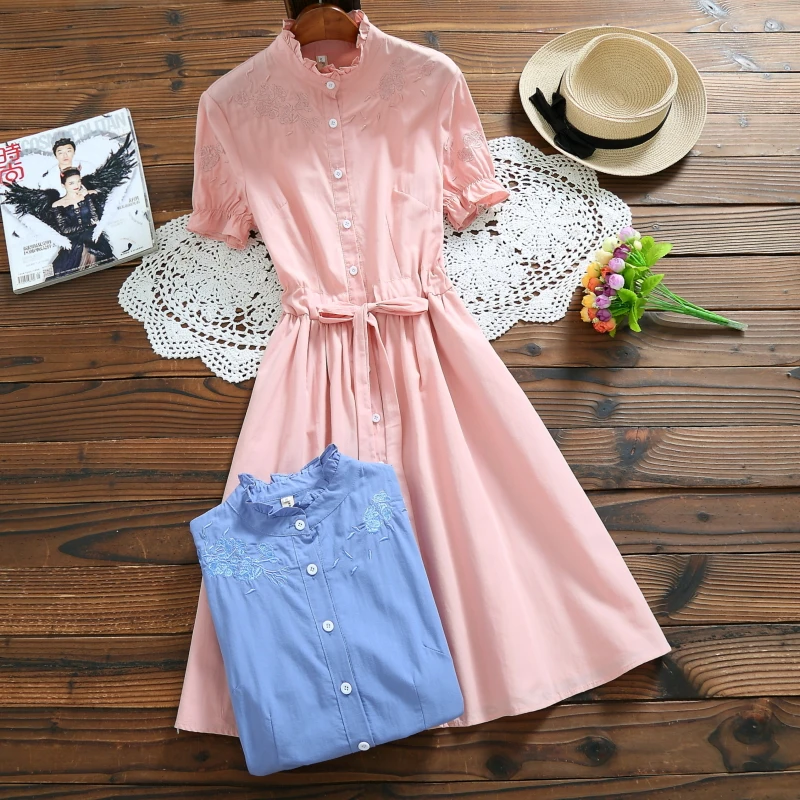 Japanese Mori Girl Dress Summer Clothes Women Short Sleeve Flower Embroidery Cotton Dresses | Женская одежда