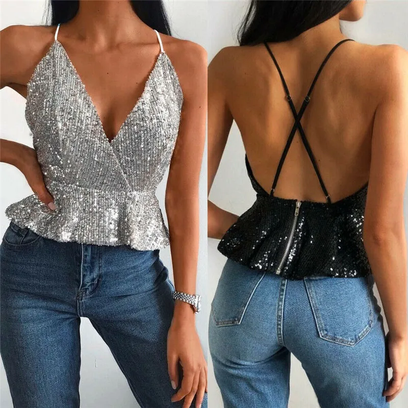 New Summer Sexy Fashion Women's Shiny Sequined Camisole Sleeveless Cross Straps Ruffled Short Paragraph Navel Loose Vest | Женская