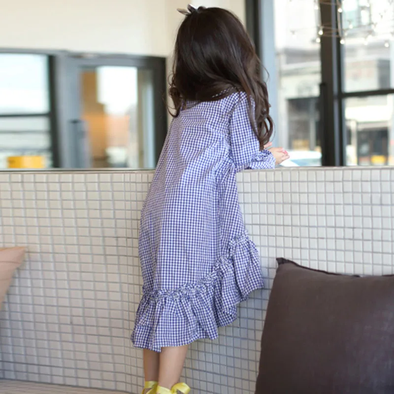 Хлопок оборками Дети платье для девочек одежда с длинным рукавом Русалка Синий