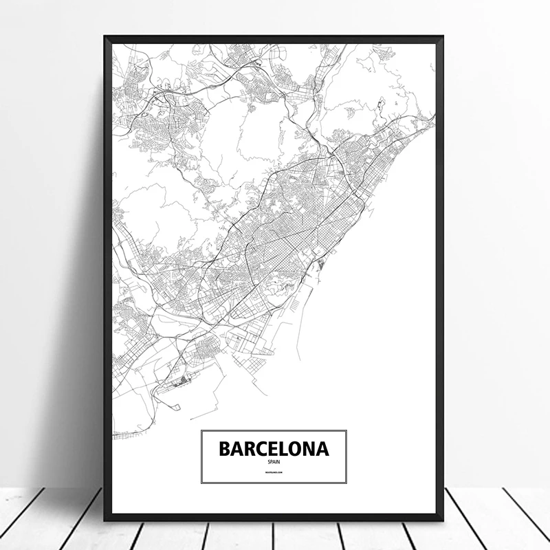 

Barcelona, Spain Black White Custom World City Map Poster Canvas Print Nordic Style Wall Art Home Decor Wall Decor