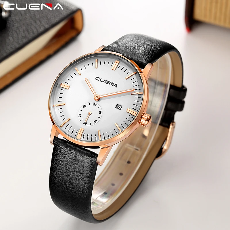 CUENA Роскошные брендовые Мужская Мода кварцевые часы Для мужчин Повседневное кожа