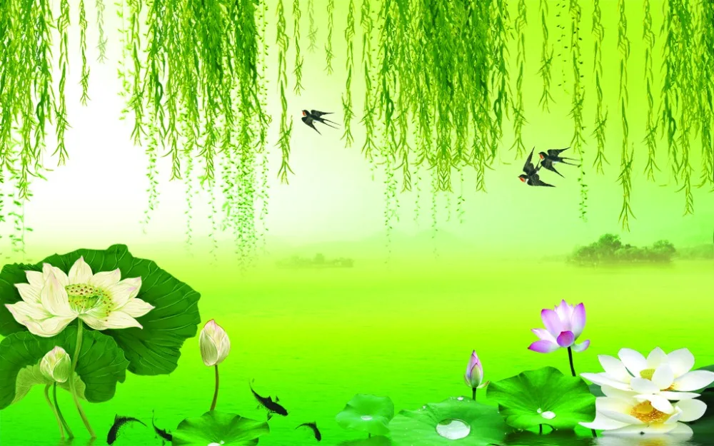 3D занавеска на заказ красивые весенние шторы с зелеными листьями лотоса ласточка