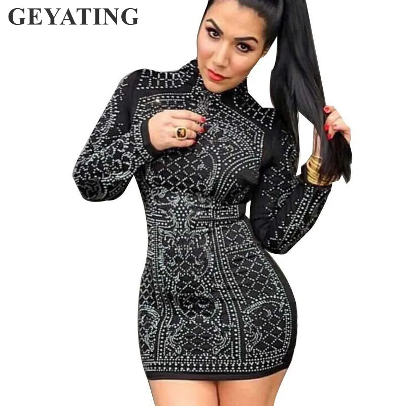 Сексуальные короткие черные коктейльные платья с длинным рукавом с высоким горным хрусталем, облегающие Прямые Мини Вечерние Клубные платья
