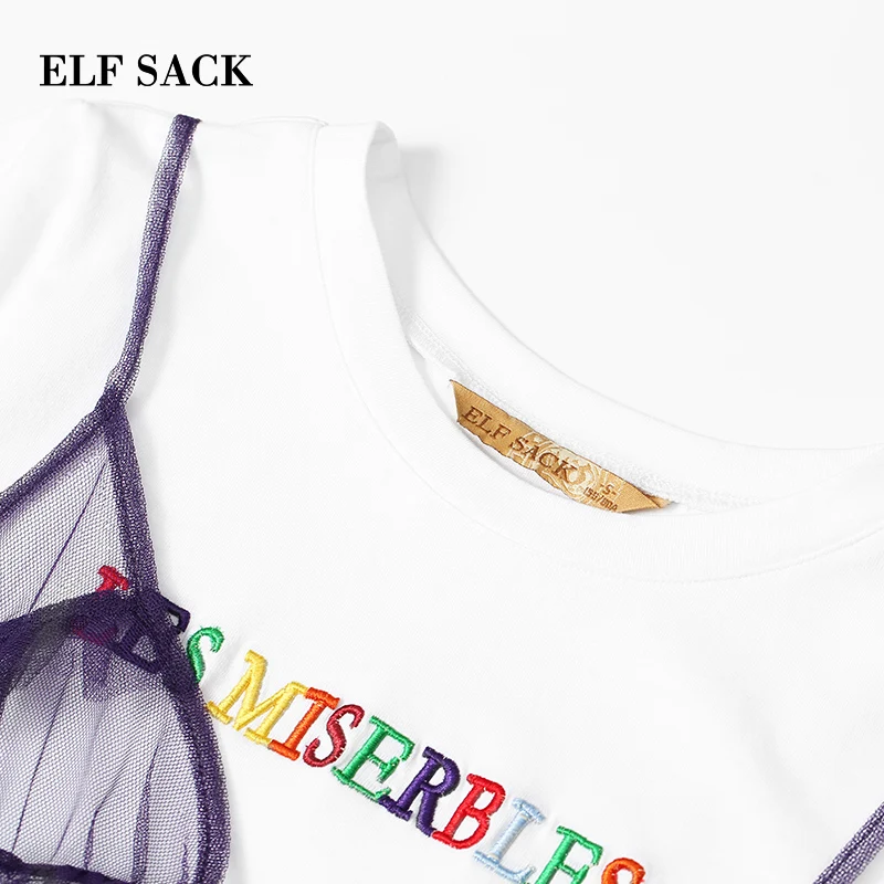 ELFSACK белая женская футболка с буквенным принтом и фиолетовые кружевные милые пляжные платья, Модный повседневный комплект, Летний сетчатый женский костюм