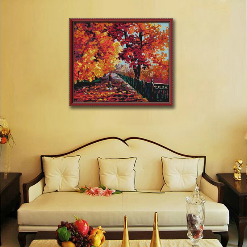 Red leaves forest scenery decor painting 14CT 11CT counted cross stitch kits embroidery sets Needlework Sets Home | Дом и сад