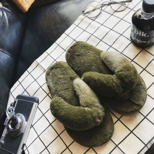 Green Shoes Зимние тапочки; женские Вьетнамки; домашние тапочки; теплые слипоны; женская повседневная обувь на плоской подошве; меховые женские шлепанцы; домашние тапочки размера плюс - Цвет: Green Shoes