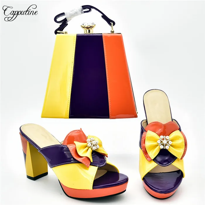 Популярные желтые с оранжевым и фиолетовым вечерние туфли лодочки на высоком