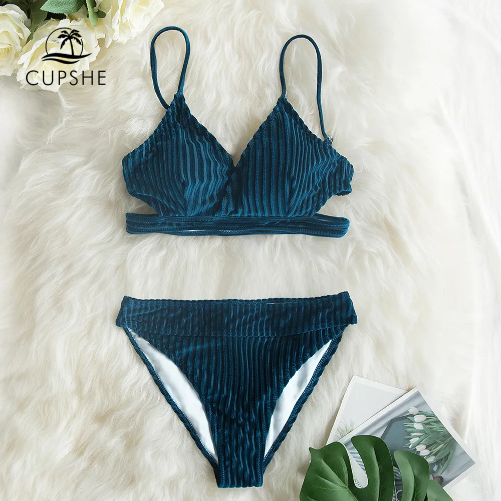 CUPSHE темно синий полосатый выгоревший бархат пикантный комплект бикини купальник