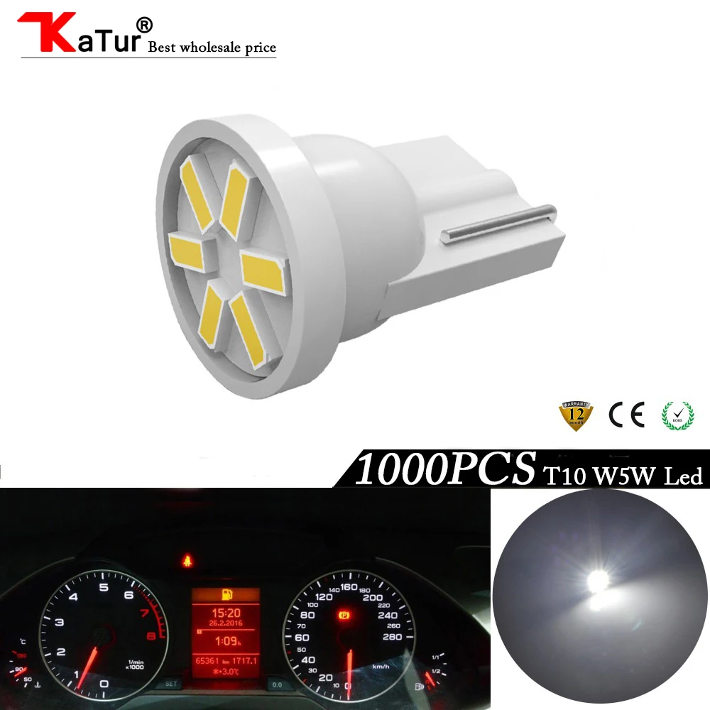 Katur 1000 шт. T10 W5W Клин светодиодный 3014SMD 6 чипов подсветка для салона автомобиля Подсветка приборной панели Белый DC12V 194 168 2825 светодиодный лампы