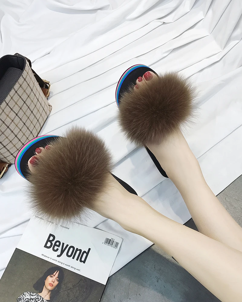 Тапочки из натурального Лисьего меха Женские модные шлепанцы | Обувь