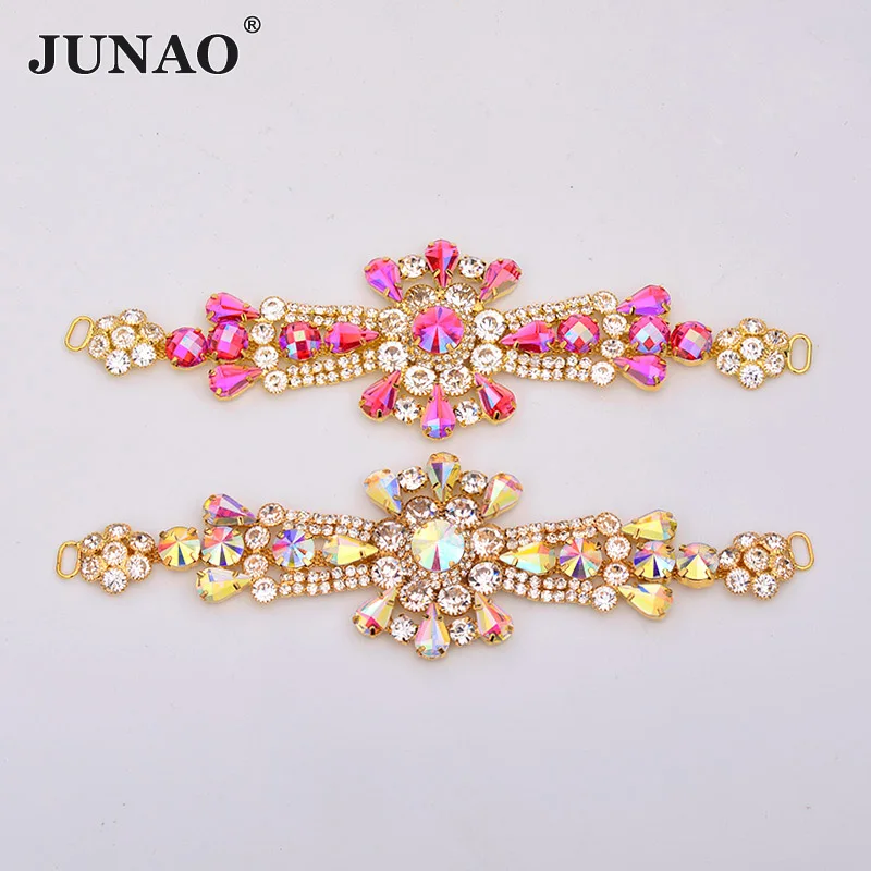 

JUNAO 2 Color AB Crystal Connector Rhinestones Applique Head Neck Belt Decoration Chain Flower Glass Stones for Women Jewelry