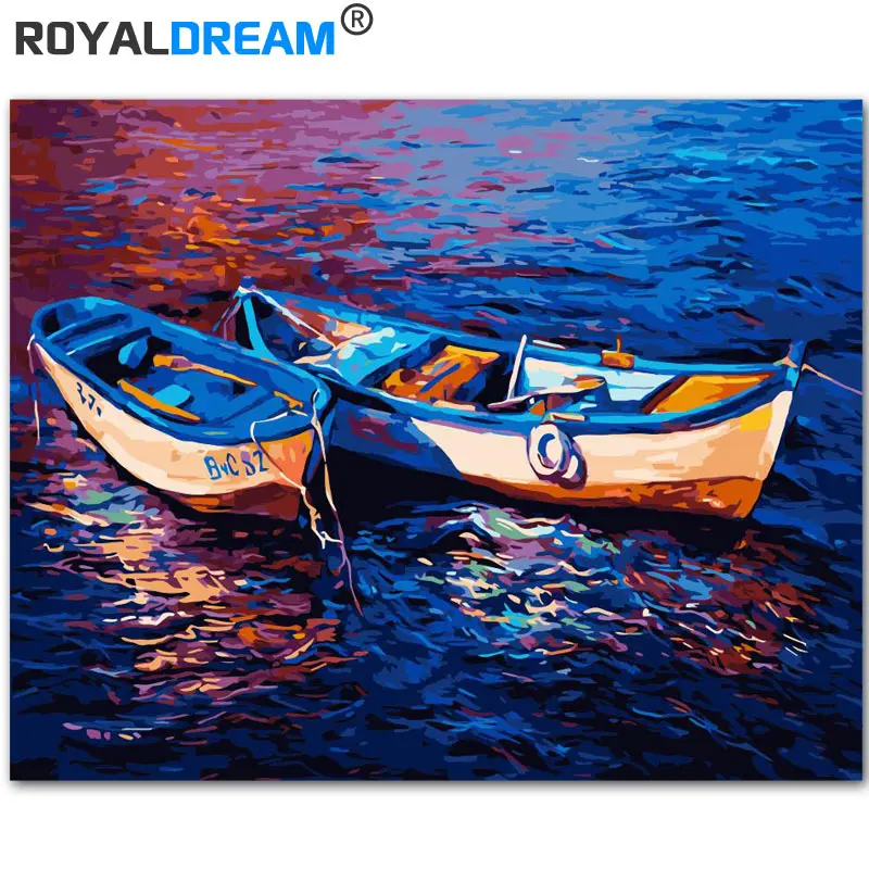ROYALDREAM Рыбалка Лодка Пейзаж DIY живопись по номерам ручная роспись масляная на
