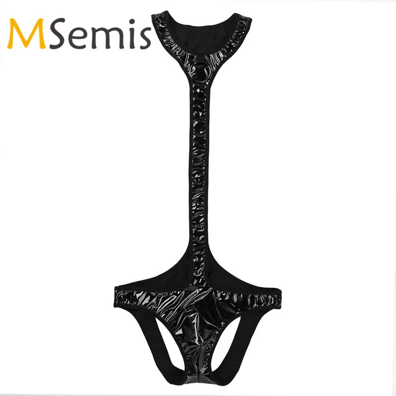 Мужской боди цельный мокрого вида из искусственной кожи с открытым задником