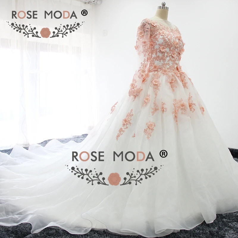 Женское свадебное платье с длинным рукавом розовое цвета слоновой кости