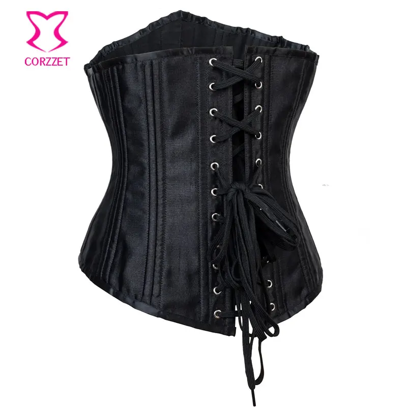 Черное атласное бюстье сексуальный корсет с 24 стальными косточками на талии под