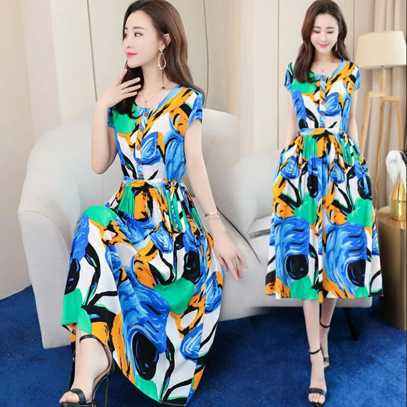 Платье женское хлопковое с цветочным принтом длинное удобрением в коде