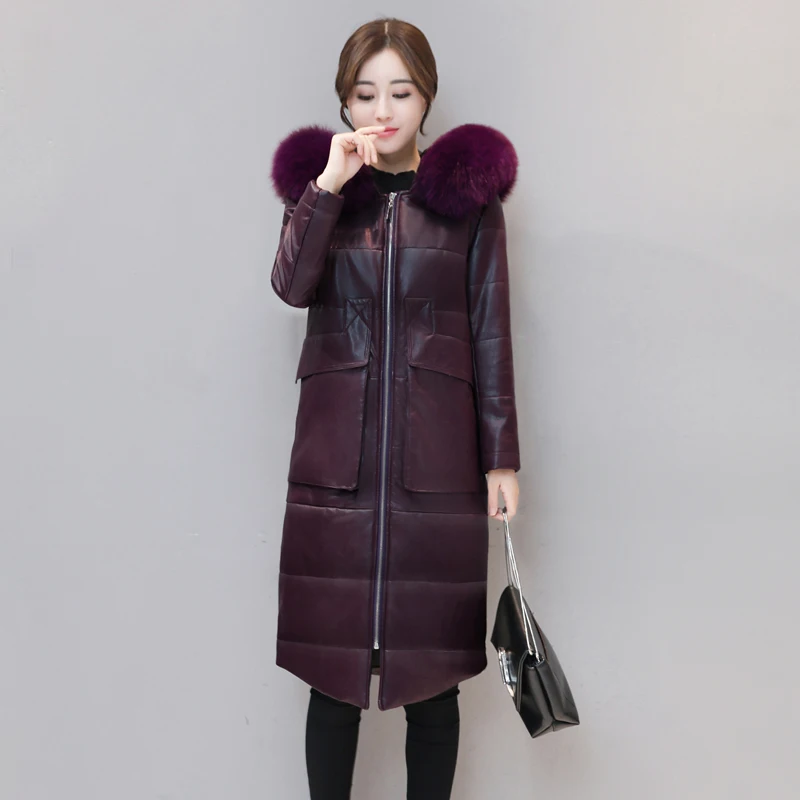 5XL зимнее пальто из овчины для женщин длинное с капюшоном лисьего меха|pu coat|coat