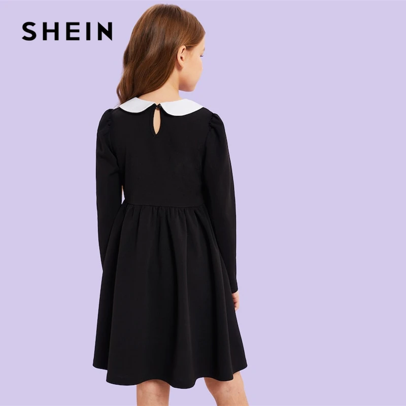 SHEIN/милое черное платье с контрастным воротником и жемчужинами для девочек; одежда для детей; коллекция года; сезон весна; корейские элегантные Детские платья с длинными рукавами