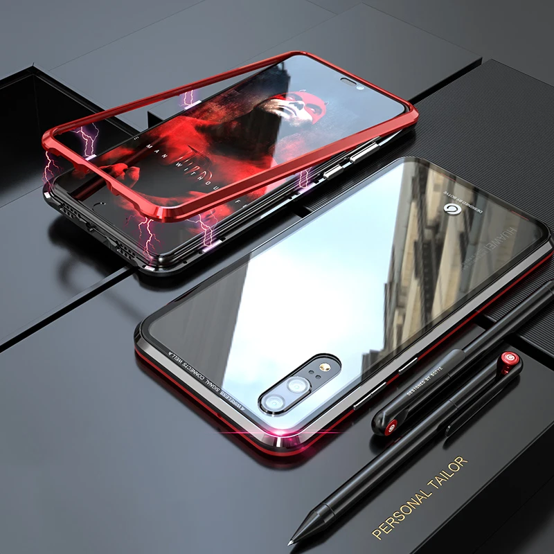 Роскошный металлический магнитный чехол для huawei P20 PRO, чехлы с откидной крышкой для huawei P20 Lite, бампер из закаленного стекла, металлическая рамка, чехол - Цвет: Black Red