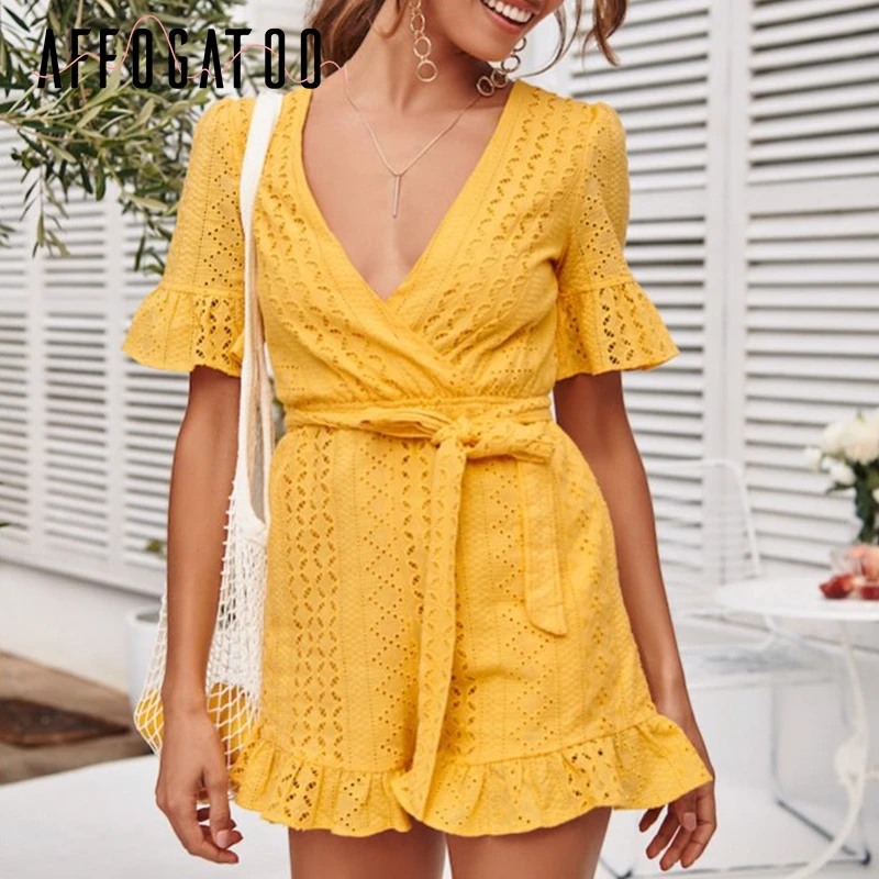 Affogatoo Sexy v neck ruffle romper women jumpsuit Elegant high waist cotton short jumpsuit Embroidery sash playsuit summer