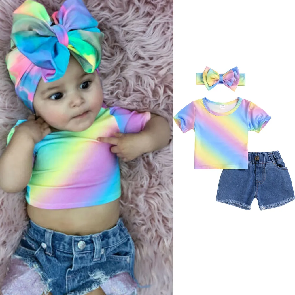 Комплекты одежды для маленьких девочек 3 шт. радужная футболка с коротким рукавом
