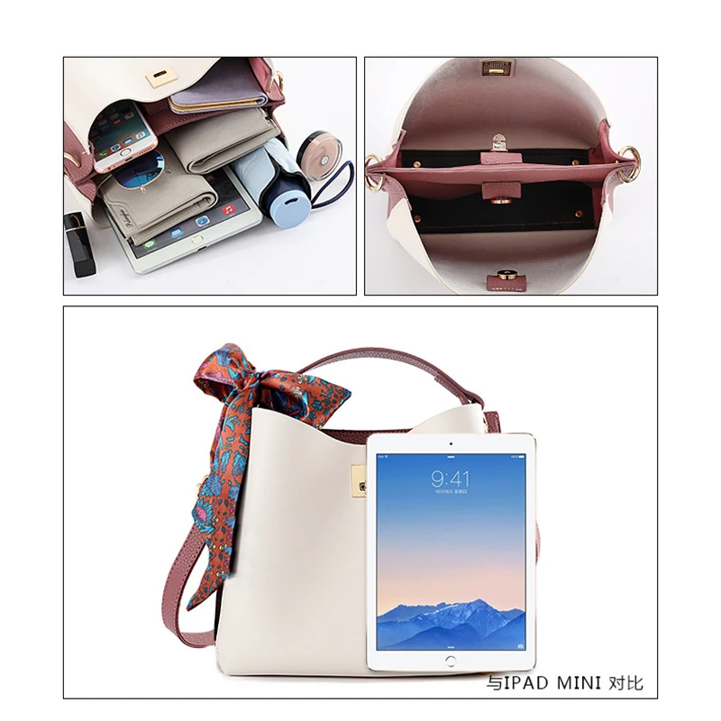 

Fashion Women's Shoulder Bag Scarves Decoration Bucket Handbag Lady Pu Leather Small Crossbody Bags Female Street Fashion Pouch