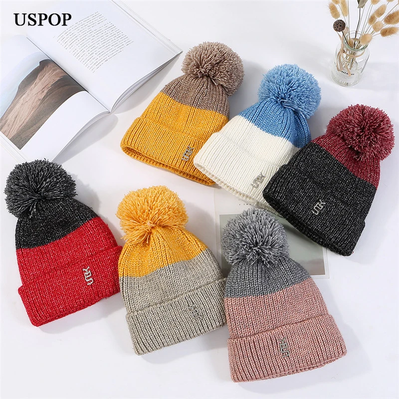 USPOP 2018 Новая мода зима шапки помпоны цвет лоскутное вязать для женщин бархатной