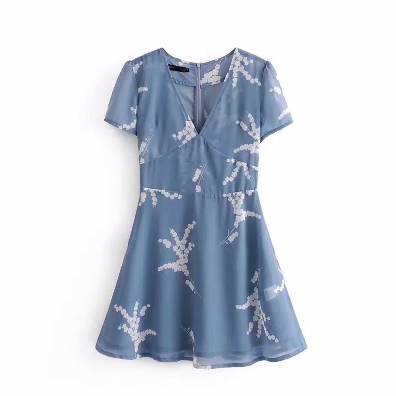 Женское мини-платье с цветочным принтом глубоким v-образным вырезом коротким