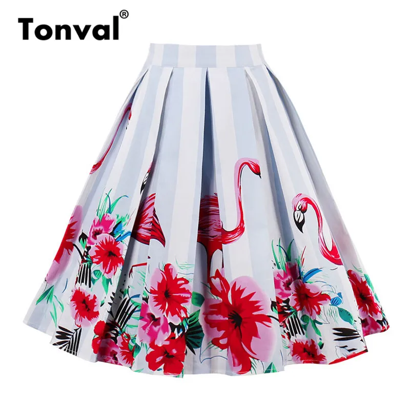 flower and flamingo Tonval, винтажная плиссированная юбка, темно-синяя, с цветочным принтом, высокая талия, юбки для женщин, Ретро стиль, для школы, летняя,, юбка - Цвет: flower and flamingo