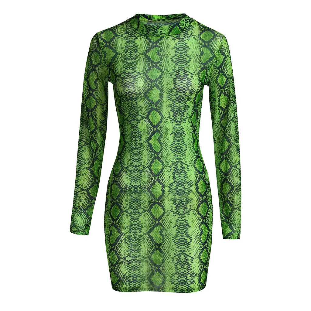 JAYCOSIN Summer Sexy Women Snake Leopard Print Dress Long Sleeve O-Neck Bodycon Mesh Sheer Party Club Mini Sundress 614W | Женская