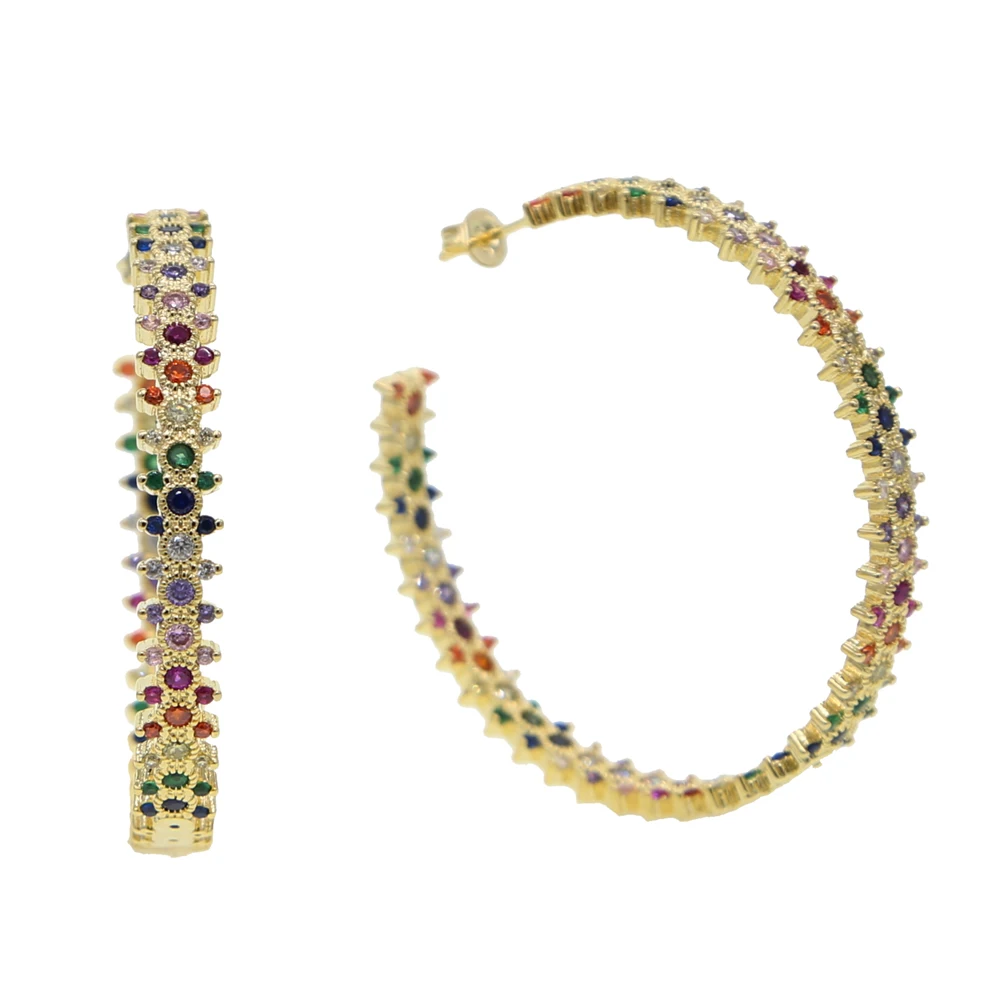 Большие полукруглые серьги кольца с радужным фианитом Роскошные красочные